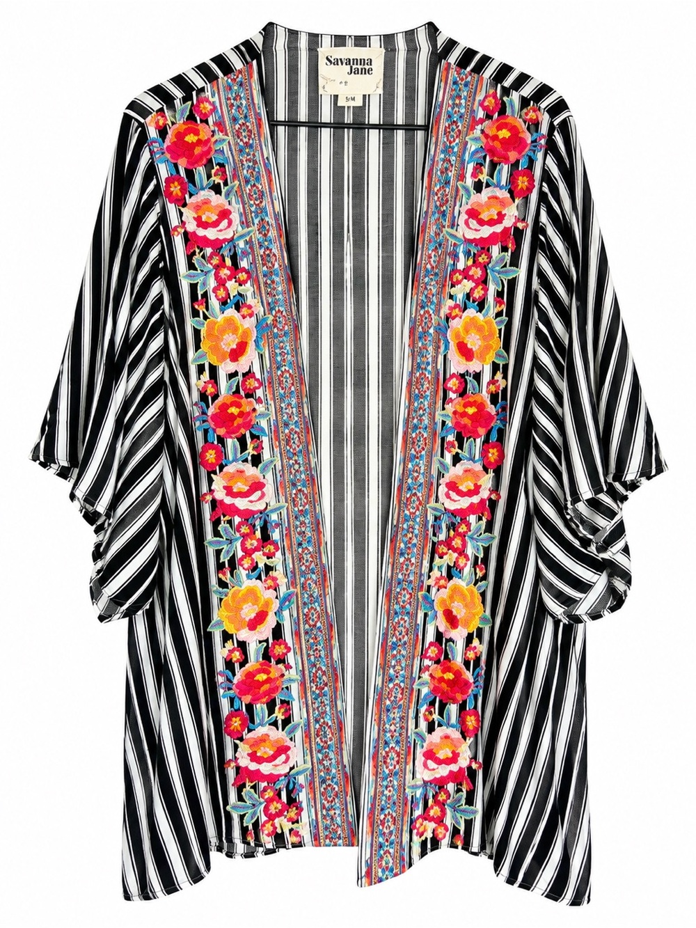 Savanna Jane Black & White Striped Kimono with Multicolor Floral Embroidery